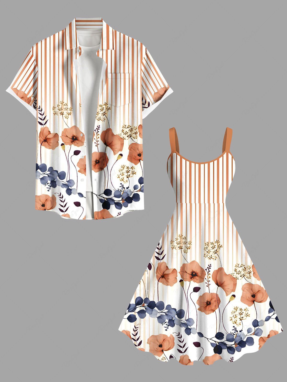 Tenue de plage hawaïenne assortie grande taille à imprimé rayé, motif fleur, feuille, branche, faisceau lumineux, pour couples orange clair 
