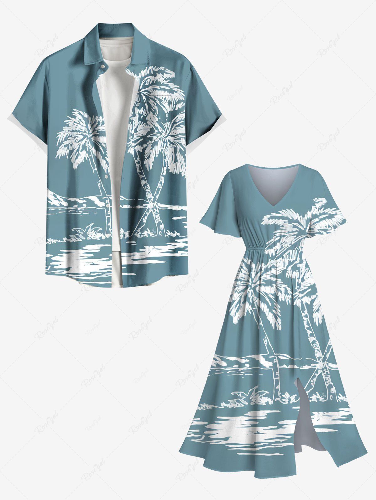 Outfits Coconut Tree Sea Mountain Print Plus Size Matching Hawaii Beach Outfit For Couples  