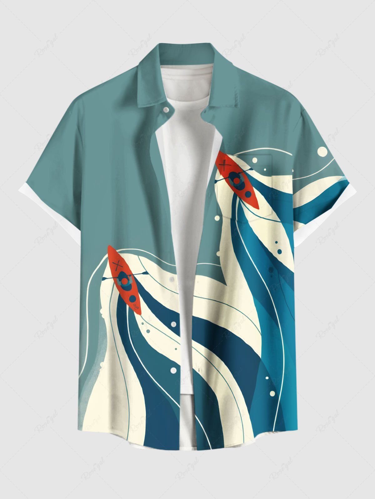 Unique Plus Size Sea Waves Boat Print Hawaii Cruise Button Pocket Shirt For Men  