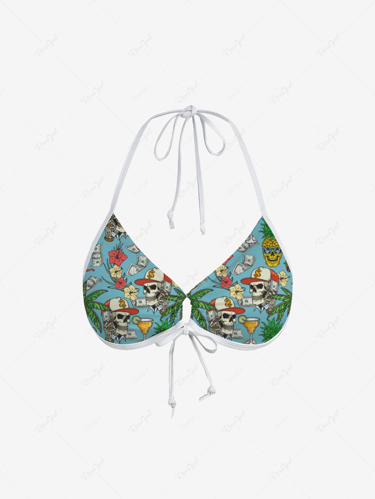 Best Coconut Tree Floral Skull Baseball Cap Pineapple Juice Print Hawaii Cinched Halter Backless Bikini Top  