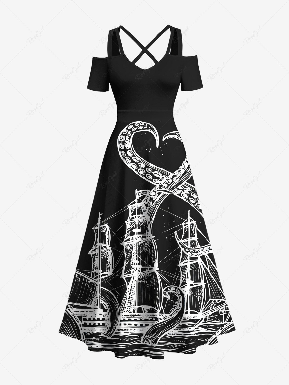 New Plus Size Octopus Sailboat Sea Waves Print Hawaii Cruise Cold Shoulder Crisscross A Line Maxi Dress  