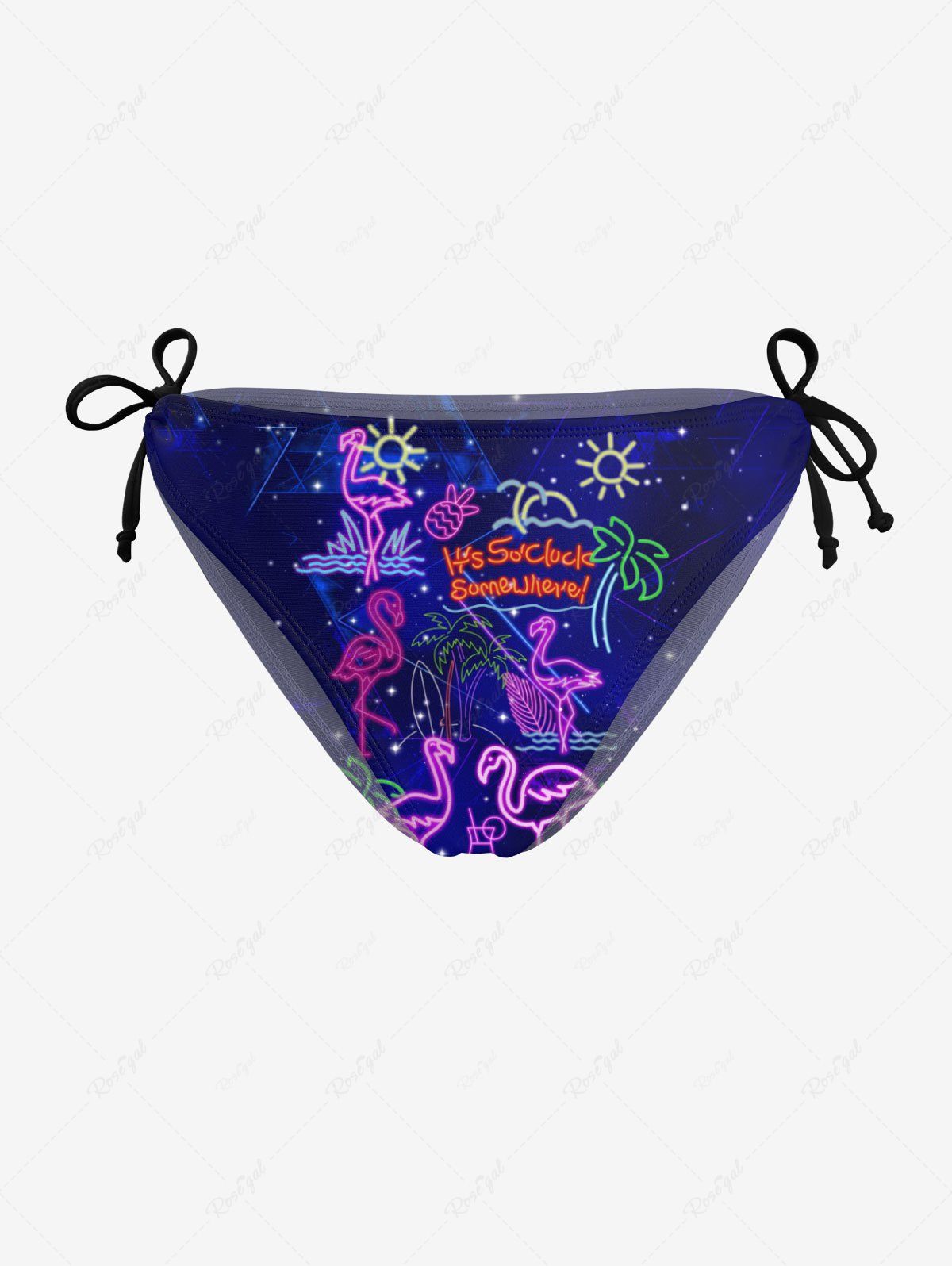 Trendy Coconut Tree Flamingo Pineapple Sun Print Cinched Tie Bikini Bottom  