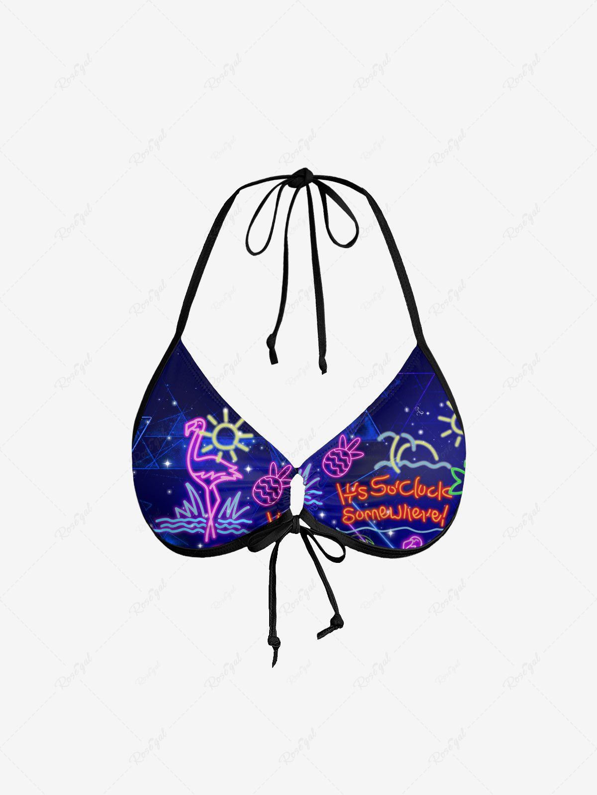 New Coconut Tree Flamingo Pineapple Sun Print Cinched Tie Halter Bikini Top  