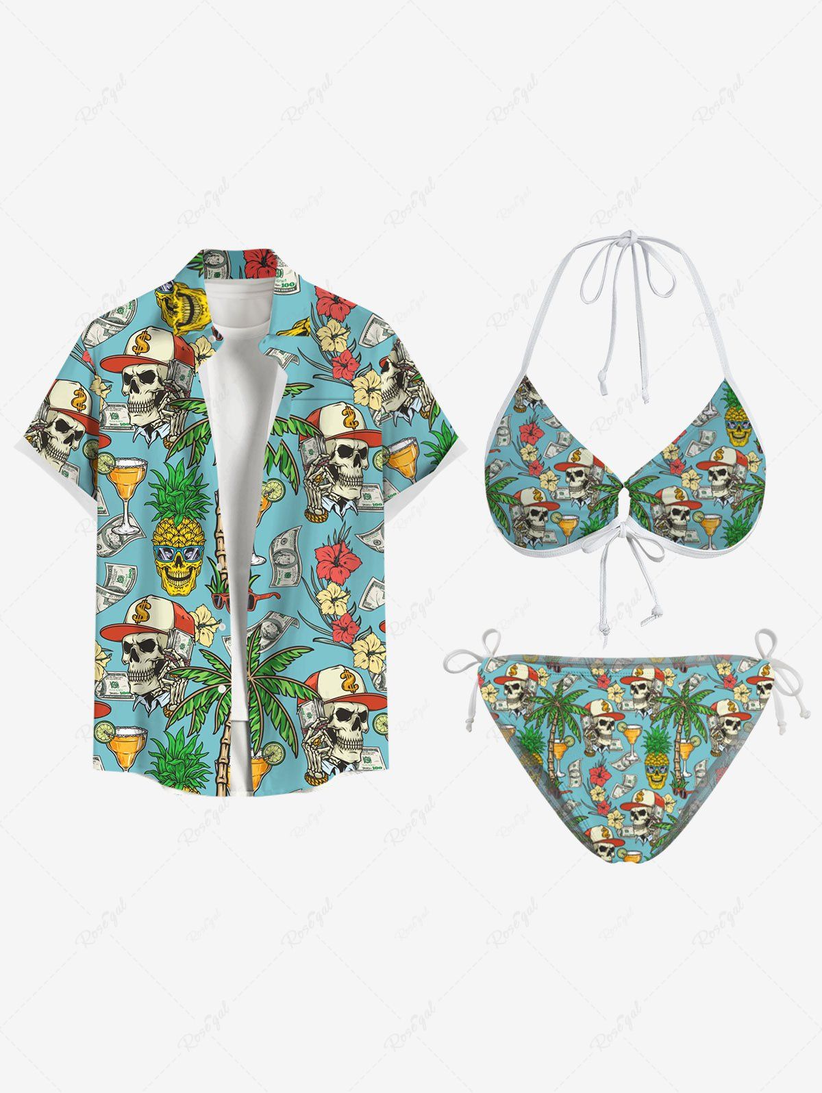 Discount Coconut Tree Skull Pineapple Print Men Shirt and Women Swimsuit Matching Hawaii Beach Outfit For Couples  