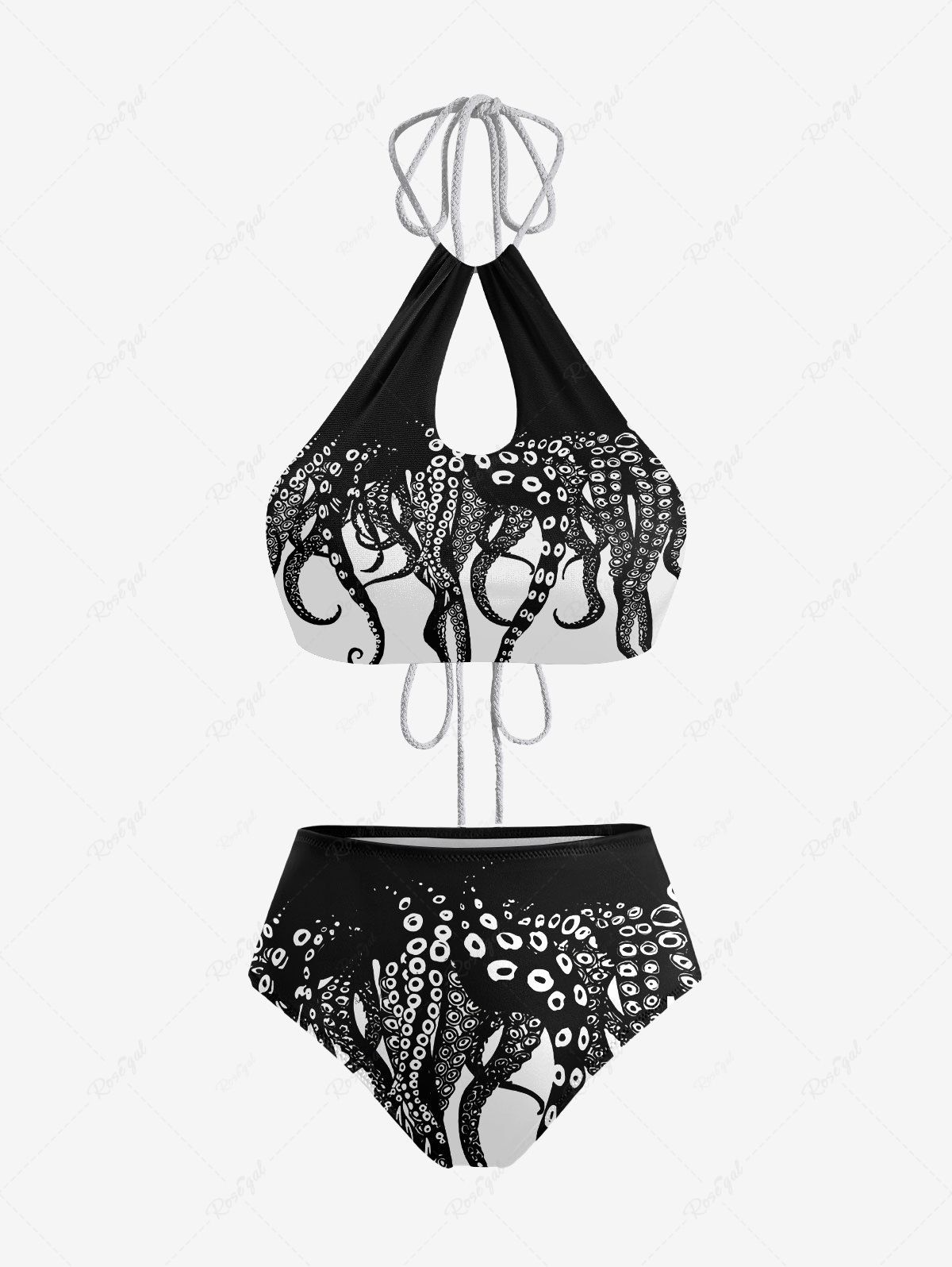 Maillot de Bain Tankini Evidé Pieuvre Imprimé sans Dos Noir 3XL