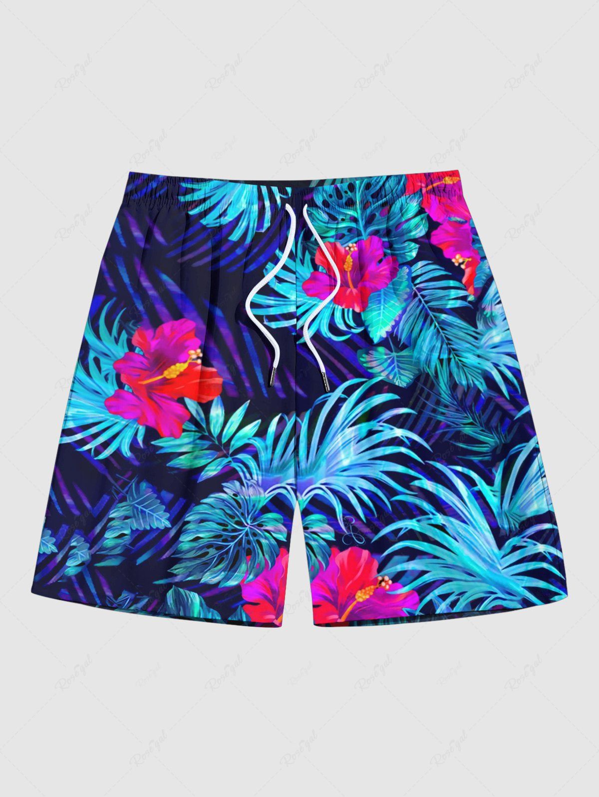 Outfits Plus Size Tropical Leaf Hibiscus Flower Print Hawaii Beach Shorts For Men  