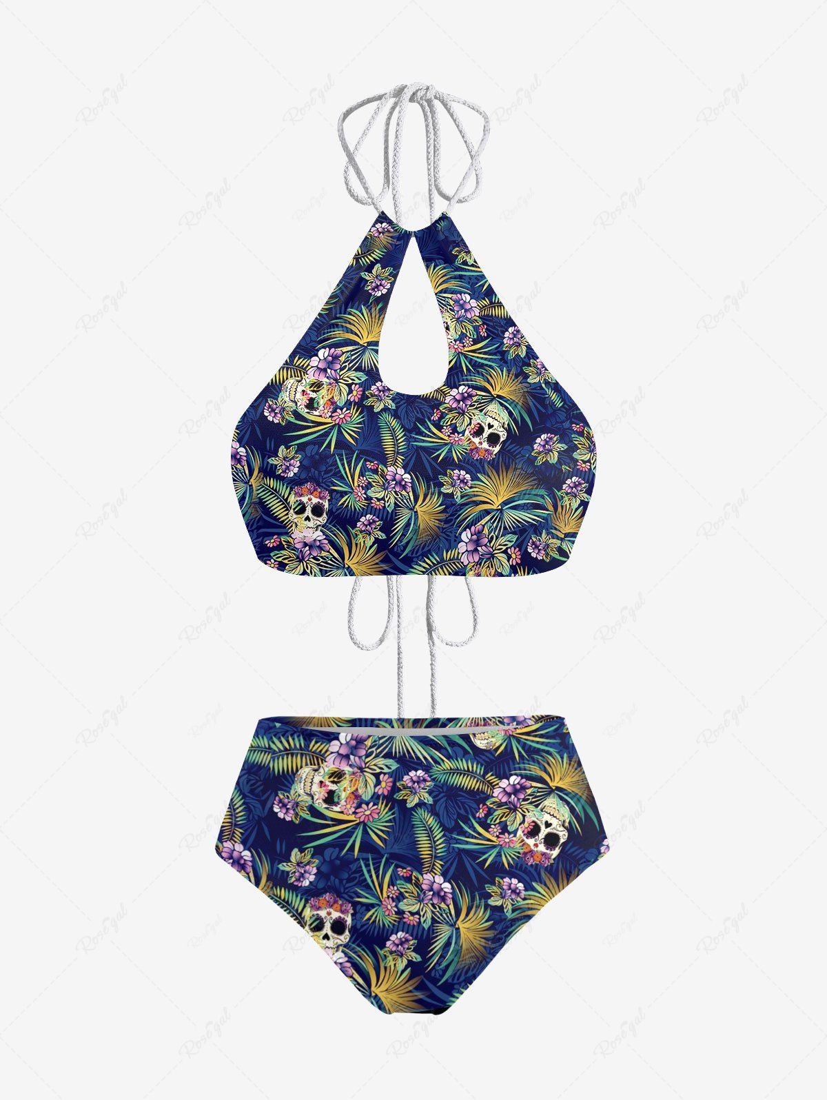 Maillot de Bain Tankini Hawaïen Evidé Fleuri Feuille Tropicale Imprimée sans Dos Bleu 3XL