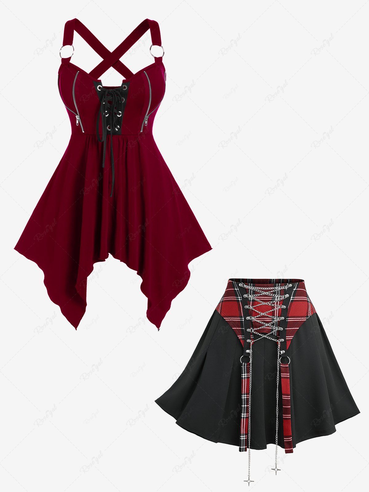 Online Lace Up Crisscross Tank Top and Plaid Print Patchwork Skirt Plus Size Outfit  