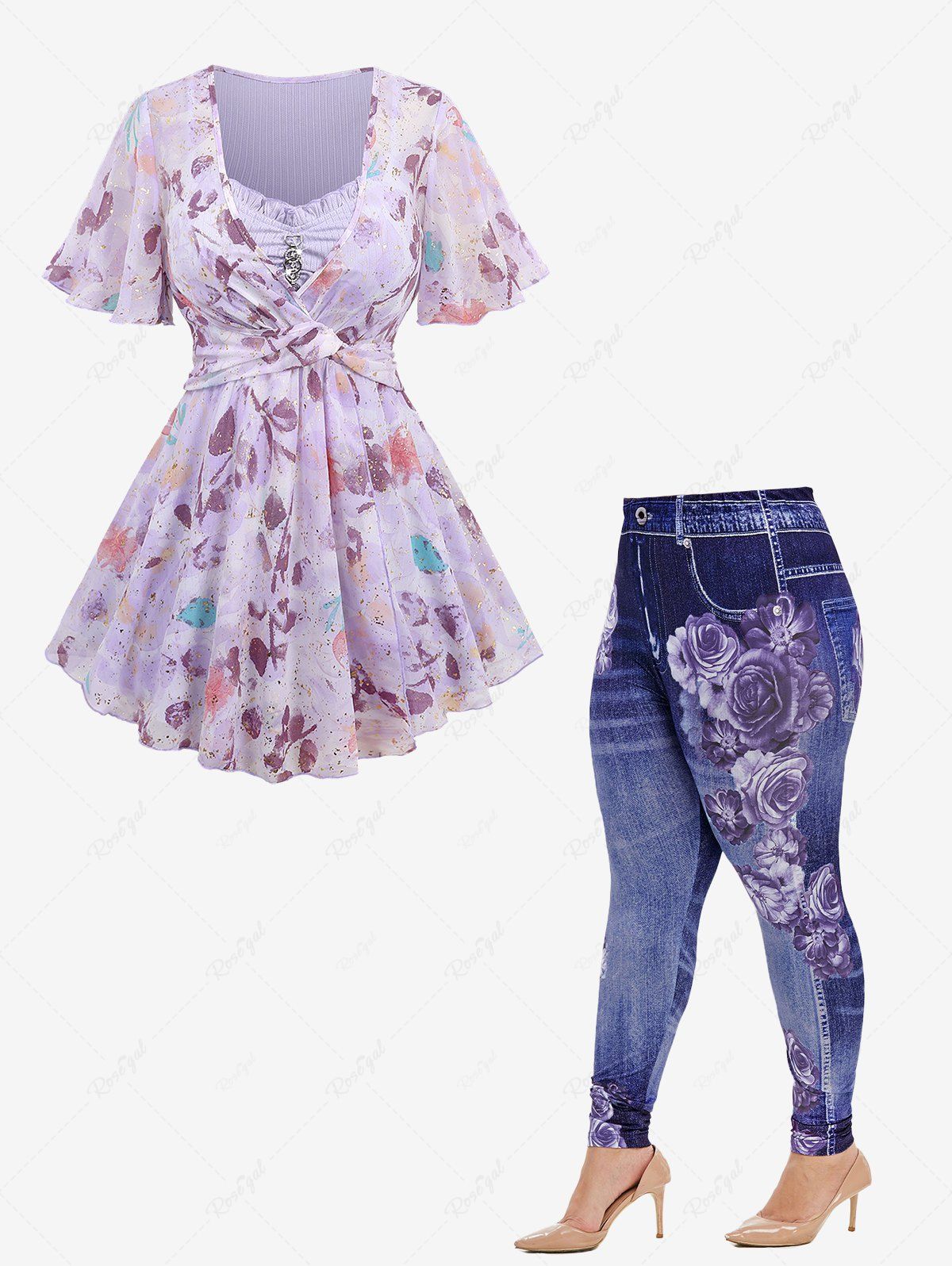 Discount Floral Print Hot Stamping 2 In 1 Blouse and High Rise Gym 3D Jeggings Plus Size Outfit  