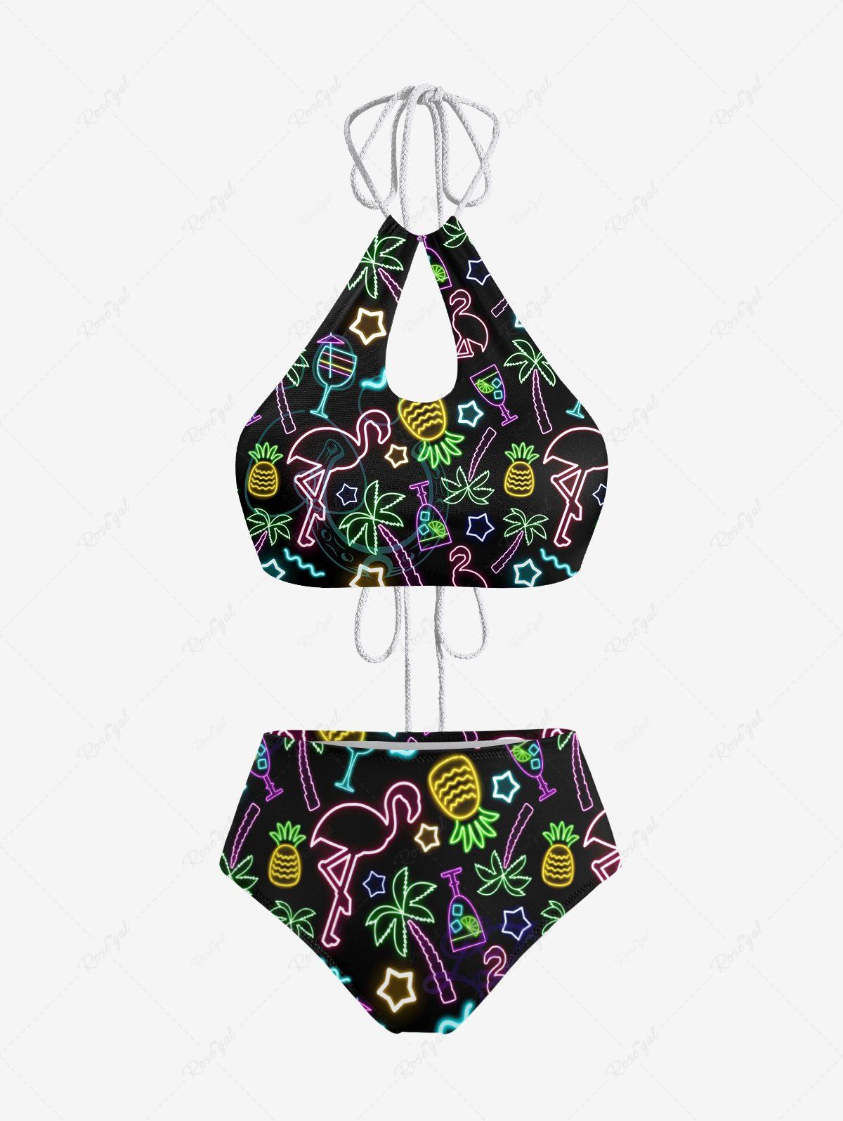 Maillot de Bain Tankini Néon Etoile Flamant Imprimé Evidé sans Dos à Paillettes Noir 3XL