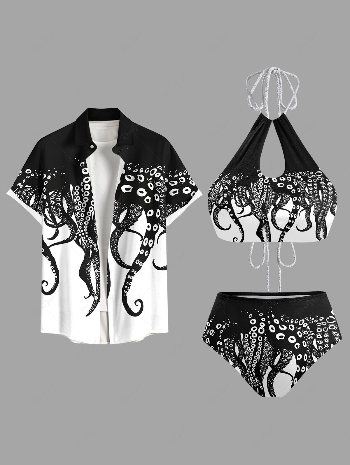 Outfits Octopus Two Tone Print Men Shirt and Women Swimsuit Matching Beach Outfit For Couples  