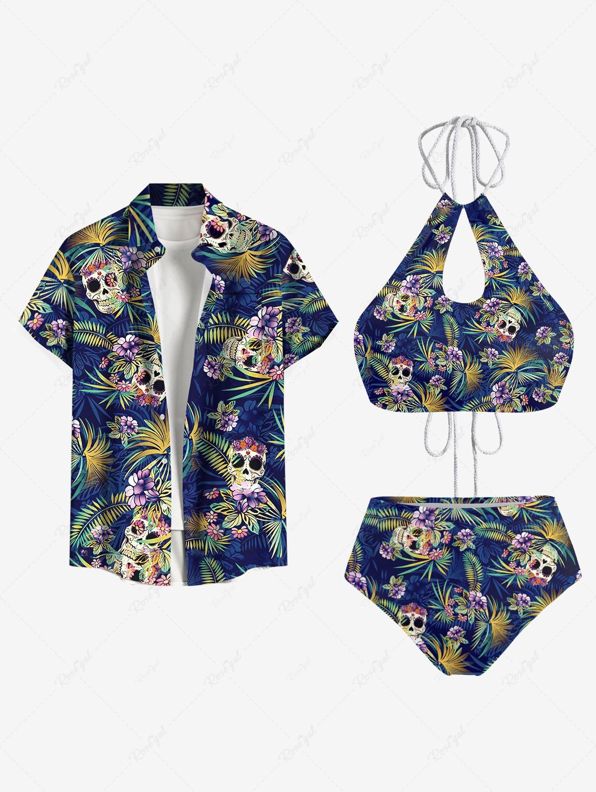 Hot Tropical Leaf Flower Skulls Print Men Shirt and Women Swimsuit Matching Hawaii Beach Outfit For Couples  