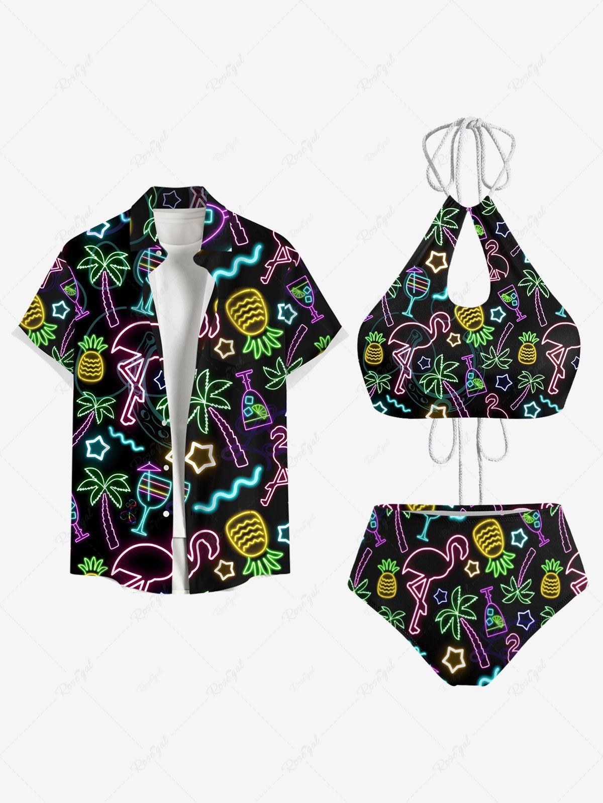 Fashion Flamingo Coconut Tree Print Men Shirt and Women Swimsuit Matching Hawaii Beach Outfit For Couples  