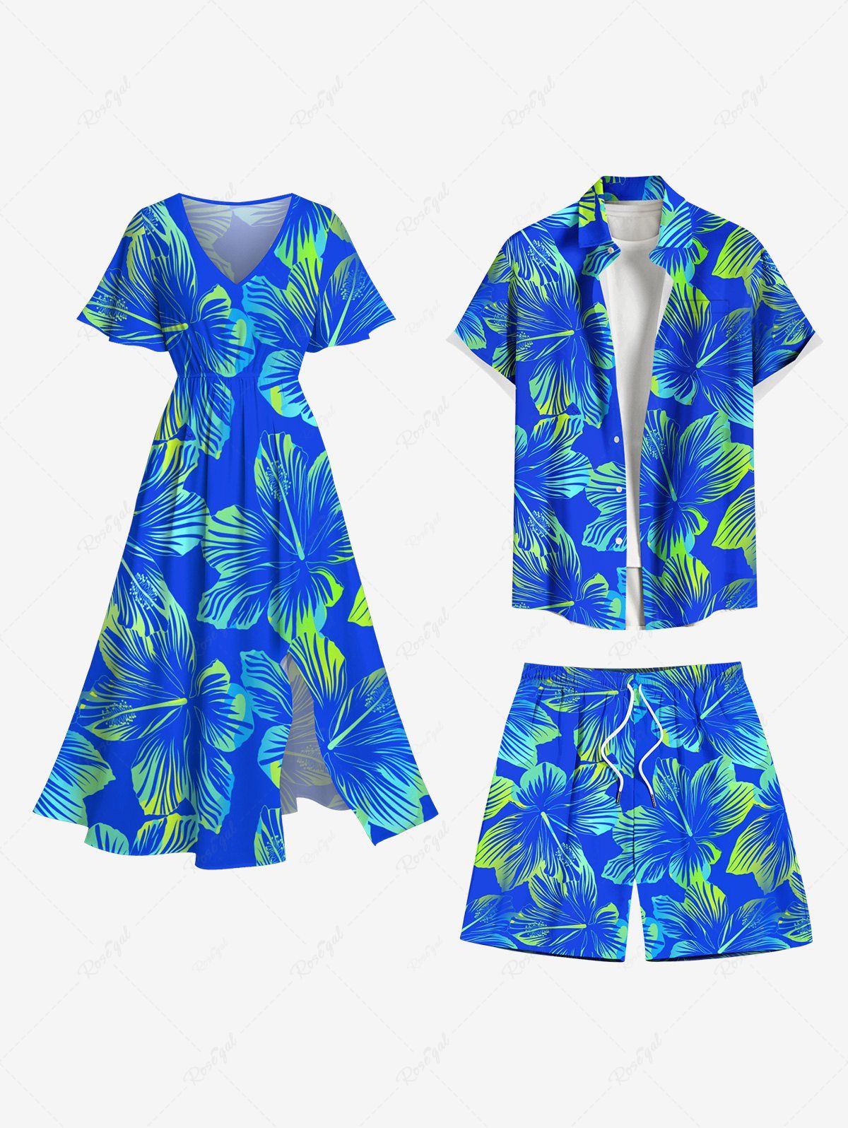 Tenue de Plage à Imprimé Fleurs Tropicales D'Hibiscus Grande-Taille pour Couples Bleu 