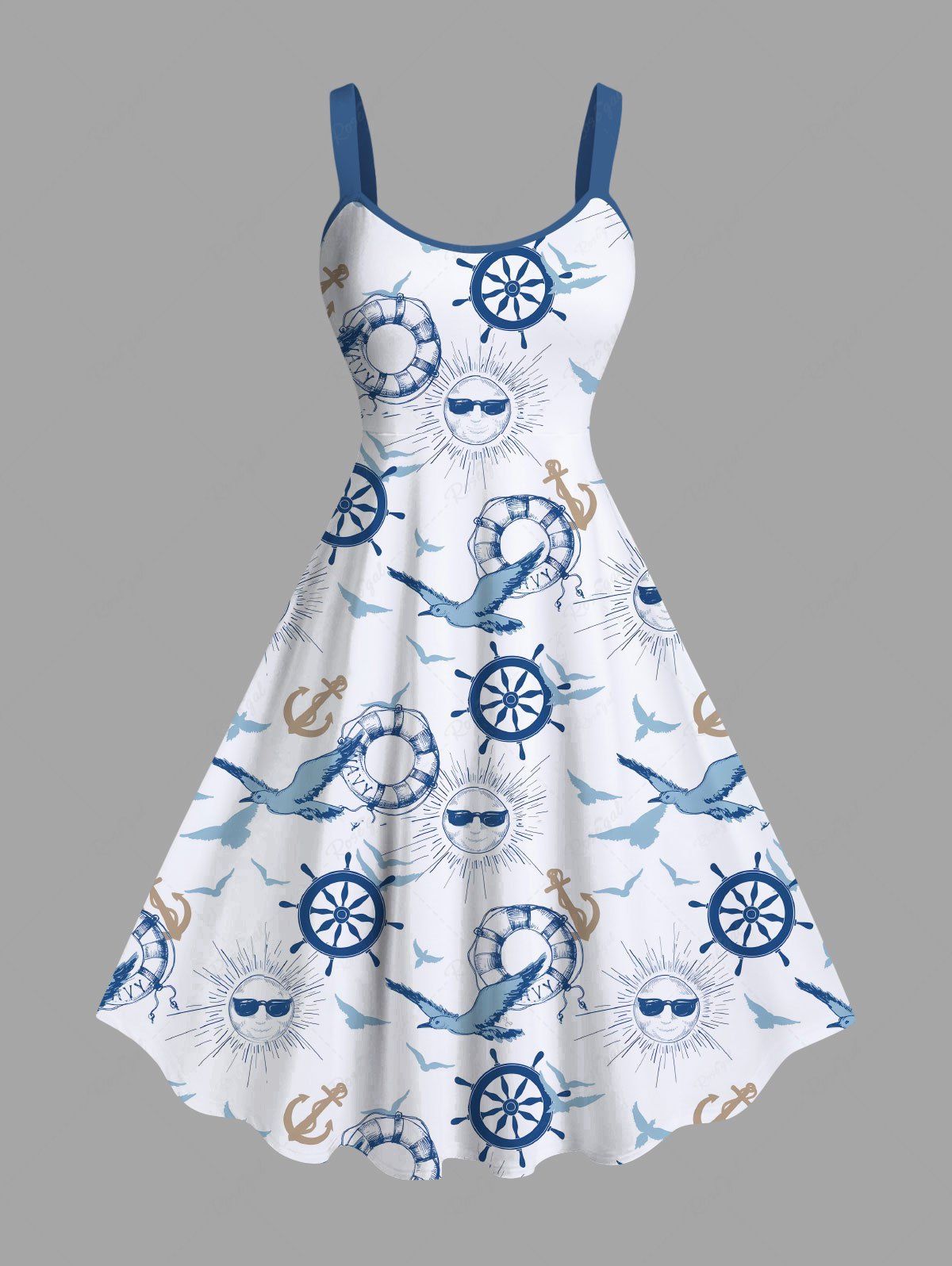 Online Plus Size Sun Bird Anchor Rudder Print Hawaii Cruise Tank Dress  