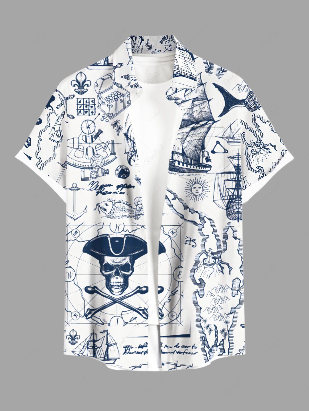 Shop Plus Size Pirate Map Sailboat Compass Print Buttons Pocket Hawaii Cruise Shirt For Men  