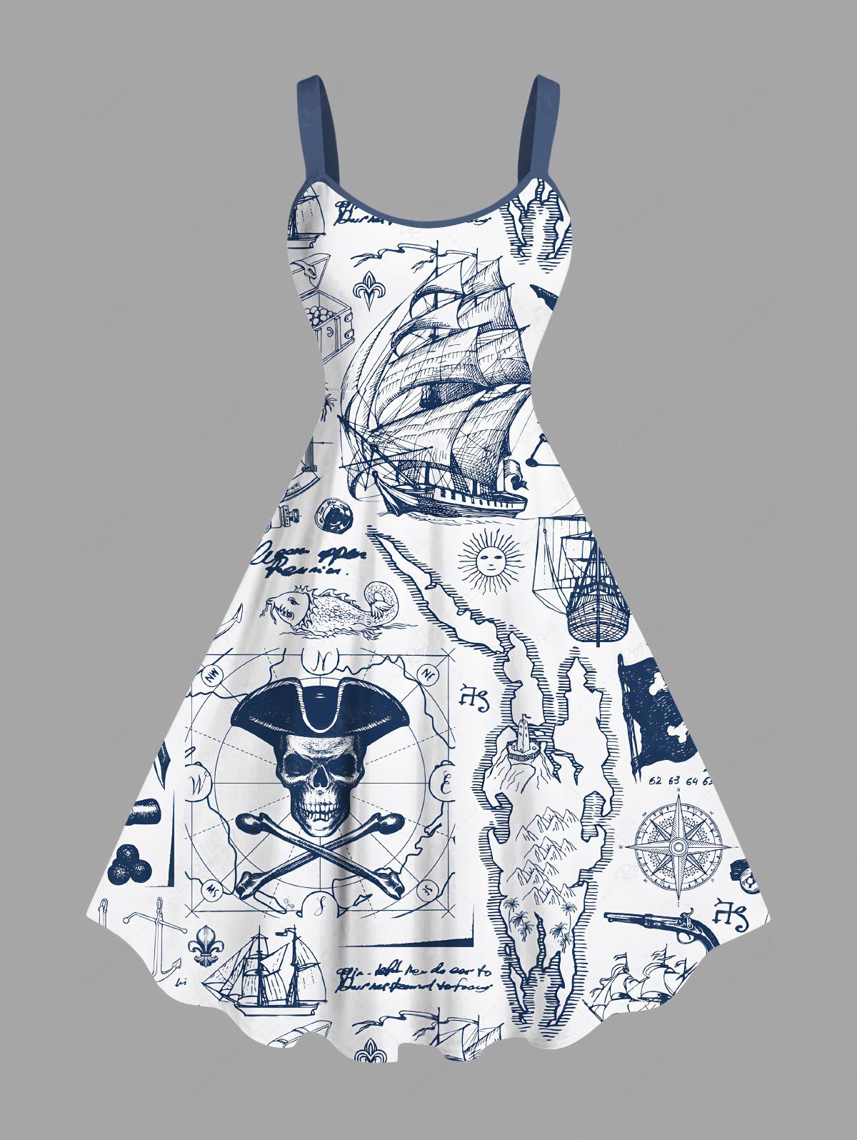 Fancy Plus Size Pirate Map Sailboat Compass Print Hawaii Cruise Tank Dress  
