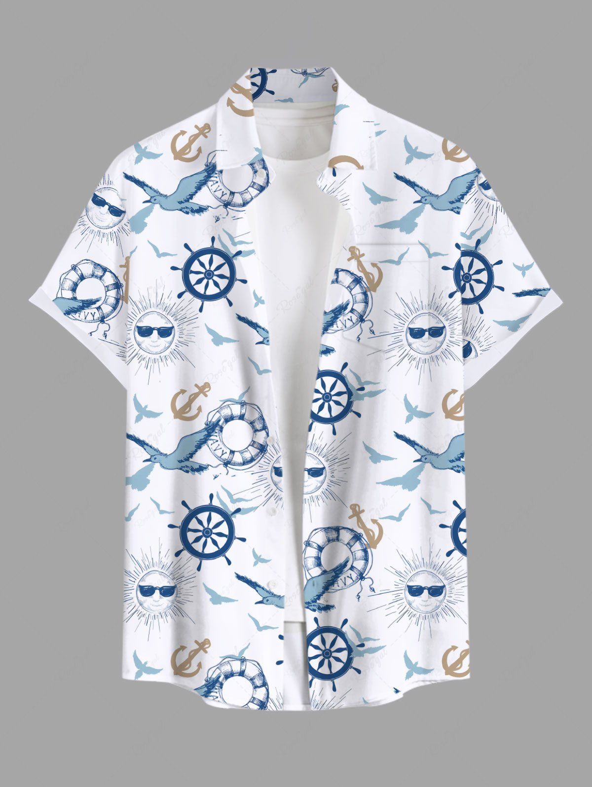 Unique Plus Size Sun Bird Anchor Rudder Print Buttons Pocket Hawaii Cruise Shirt For Men  
