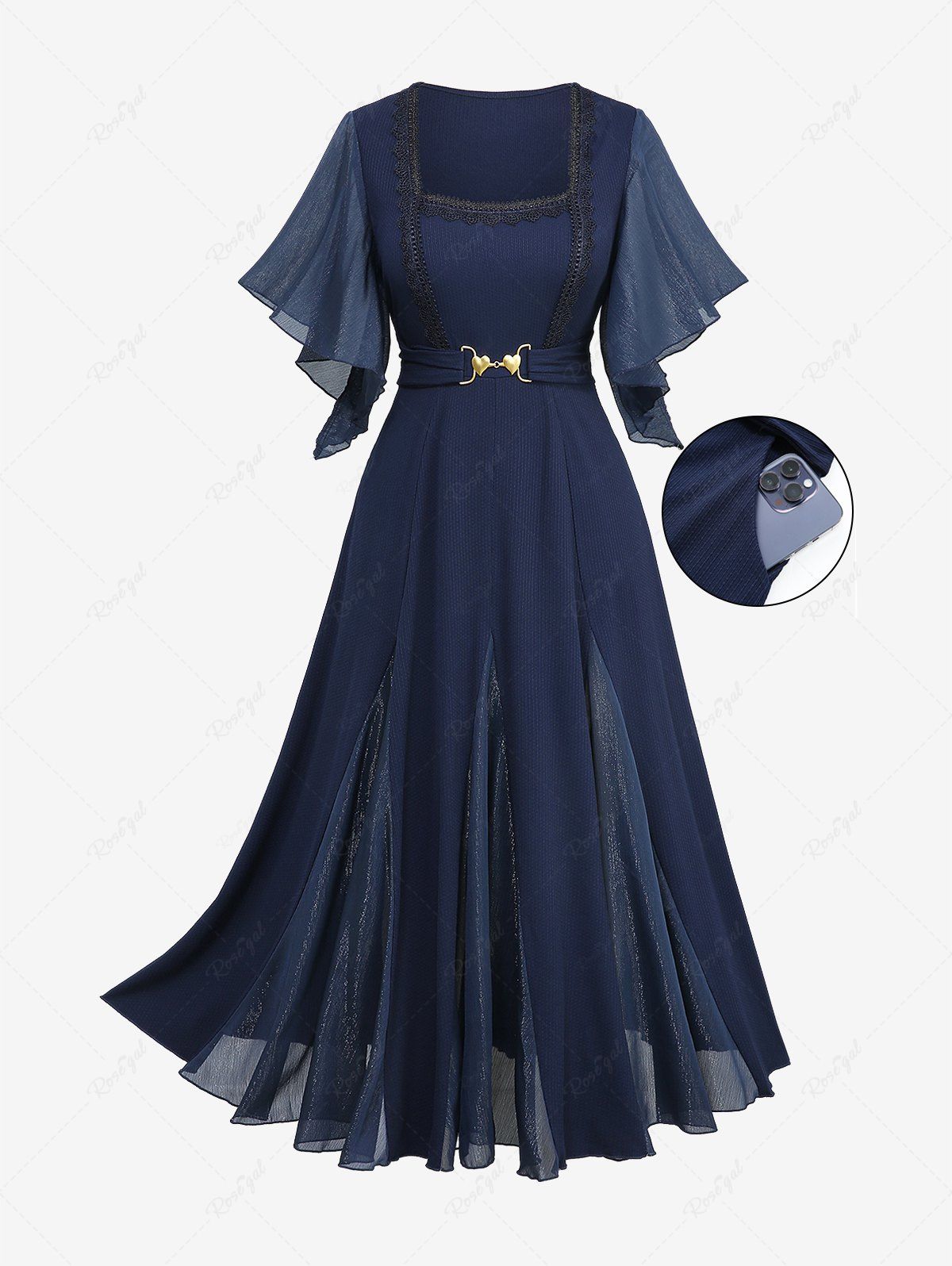 Store Plus Size Lace Trim Heart Buckle Pocket Silver Plisse Patchwork Butterfly Sleeve Dress  