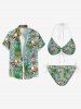 Coconut Tree Floral Skull Baseball Cap Pineapple Juice Print Hawaii Cinched Halter Backless Bikini Top -  