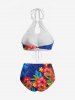 Tropical Leaves Floral Print Hawaii Ombre Hollow Out Backless Tankini Swimsuit -  