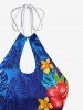 Tropical Leaves Floral Print Hawaii Ombre Hollow Out Backless Tankini Swimsuit -  