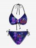 Coconut Tree Flamingo Pineapple Sun Print Cinched Tie Halter Bikini Top -  