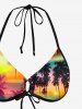 Coconut Tree Ombre Colorblock Print Cinched Tie Halter Bikini Top -  