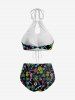 Glitter Neon Flamingo Coconut Tree Pineapple Stars Print Hawaii Hollow Out Backless Tankini Swimsuit -  