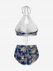 Maillot de Bain Tankini Hawaïen Evidé Fleuri Feuille Tropicale Imprimée sans Dos - Bleu 3XL