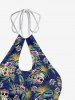 Maillot de Bain Tankini Hawaïen Evidé Fleuri Feuille Tropicale Imprimée sans Dos - Bleu 3XL