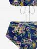 Maillot de Bain Tankini Hawaïen Evidé Fleuri Feuille Tropicale Imprimée sans Dos - Bleu 3XL