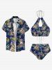 Maillot de Bain Tankini Hawaïen Evidé Fleuri Feuille Tropicale Imprimée sans Dos - Bleu 3XL