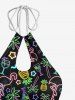 Maillot de Bain Tankini Néon Etoile Flamant Imprimé Evidé sans Dos à Paillettes - Noir 3XL