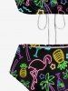 Maillot de Bain Tankini Néon Etoile Flamant Imprimé Evidé sans Dos à Paillettes - Noir 3XL