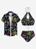 Maillot de Bain Tankini Néon Etoile Flamant Imprimé Evidé sans Dos à Paillettes - Noir 3XL