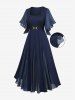 Plus Size Lace Trim Heart Buckle Pocket Silver Plisse Patchwork Butterfly Sleeve Dress -  