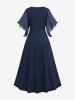 Plus Size Lace Trim Heart Buckle Pocket Silver Plisse Patchwork Butterfly Sleeve Dress -  