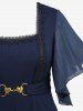 Plus Size Lace Trim Heart Buckle Pocket Silver Plisse Patchwork Butterfly Sleeve Dress -  