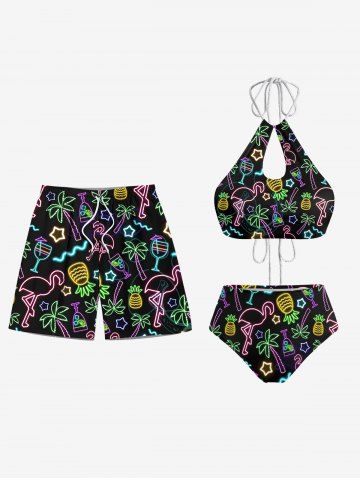 Flamingo Coconut Tree Print Women Swimsuit and Men Beach Shorts Matching Hawaii Beach Outfit For Couples - BLACK