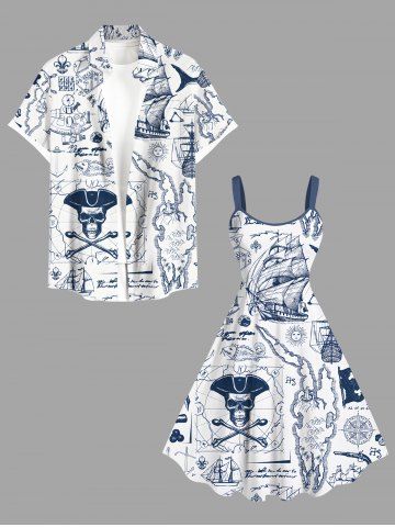 Pirate Map Sailboat Compass Cruise Print Plus Size Matching Beach Dress Shirt Outfit For Couples - WHITE