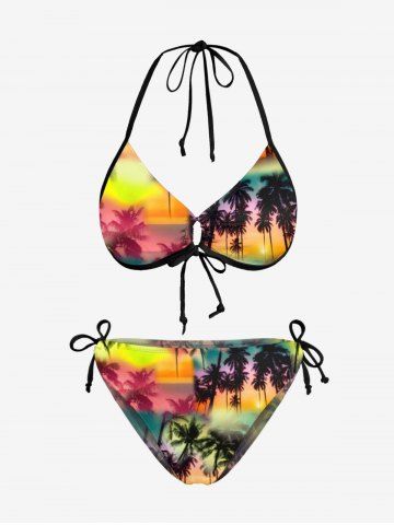 Coconut Tree Ombre Colorblock Print Swimsuit Bikini Hawaii Matching Set - ORANGE