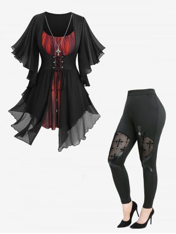 Lace Up Ruffles Butterfly Sleeve T-shirt and Flocking Mesh Leggings Plus Size Outfit - BLACK