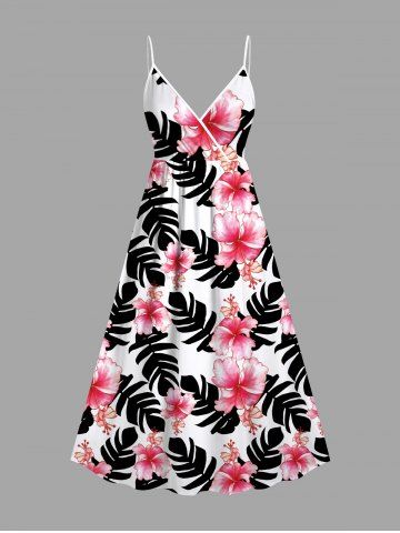 Plus Size Tropical Leaves Floral Print Hawaii Surplice A Line Cami Dress - BLACK - 6X