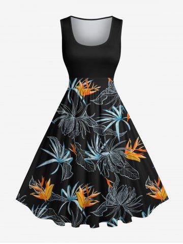 Plus Size Flowers Print Hawaii 1950s Vintage Dress - BLACK - XXS