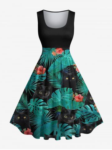 Plus Size Tropical Leaf Hibiscus Flower Cats Print Hawaii 1950s Vintage Dress - BLACK - M