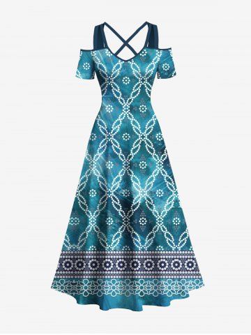 Plus Size Ethnic Graphic Floral Print Hawaii Ombre Cold Shoulder Crisscross A Line Maxi Dress - GREEN - M