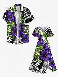 Tenue de plage hawaïenne assortie grande taille à imprimé ethnique, motif feuilles tropicales et fleurs, pour couples - Pourpre  