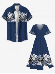 Floral Leaves Geometric Blocks Print Plus Size Matching Hawaii Beach Outfit For Couples -  