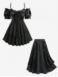 Flower Mesh Flocking Tie Dye Lace Up Ruffles Top and Rose Flower Embossed A Line Skirt Plus Size Outfit -  